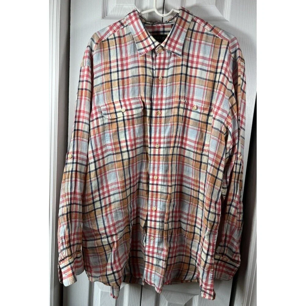 ORVIS Men's Long Sleeve Plaid Linen Shirt XL Red/Navy/Tan/Wht Preppy Classic - Picture 1 of 10